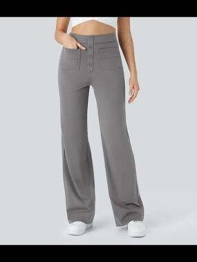 NEW HALARA Gray Wide-Leg High-Rise Pants with Button Front Womens SMALL Petite